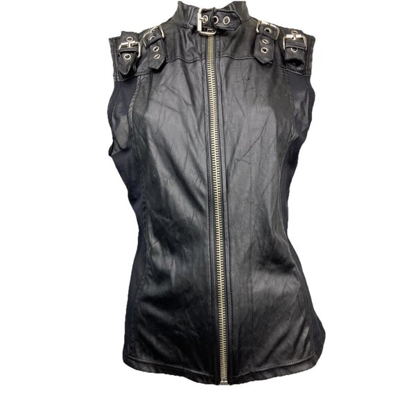 M Vintage lip Service Black Tank Mesh Panel Buckle Shoulders Goth Biker - Picture 1 of 8